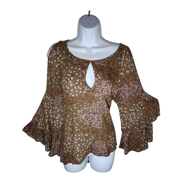 BP Floral Boho Blouse Small Cold Shoulder Bell Sleeve Cottagecore Whimsy Top - Picture 1 of 7